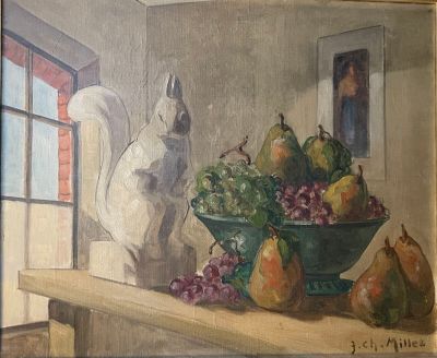 un tableau représentant une corbeille de fruits posée sur une table, à côté d'une statue