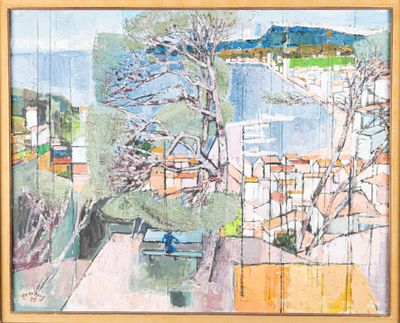 un tableau représentant un banc devant un panorama urbain