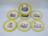 six assiettes jaunes et blanches ornées d'images en noir et blanc
