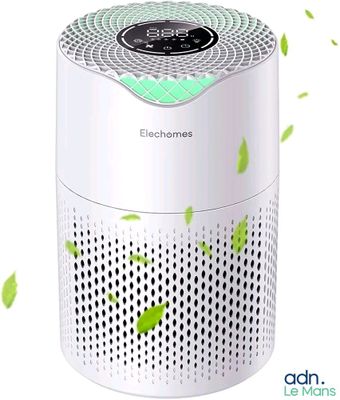 une image représentant un purificateur d'air blanc autour duquel virevoltent des feuilles vertes
