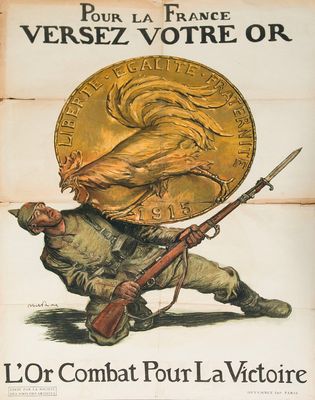 an old poster of a soldier holding a rifle and a gold coin