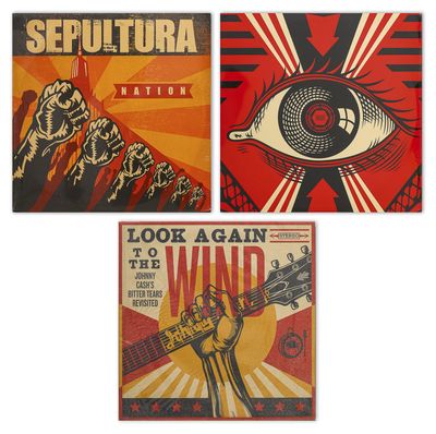 trois affiches représentant différents styles musicaux, avec une main tenant une guitare