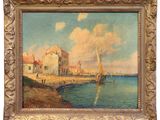une peinture à l'huile représentant un voilier sur l'eau, près d'un bâtiment