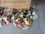a box full of assorted keychains on a table
