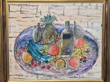 une peinture représentant une assiette de fruits et une bouteille d'huile d'olive