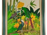 a painting of two birds sitting on a branch in a tropical setting