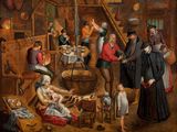 an image of a painting of a group of people in a kitchen