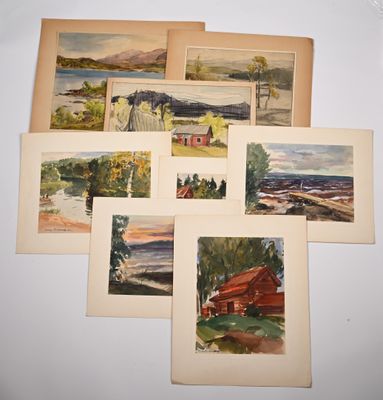 six watercolor paintings of a red cabin and a red house