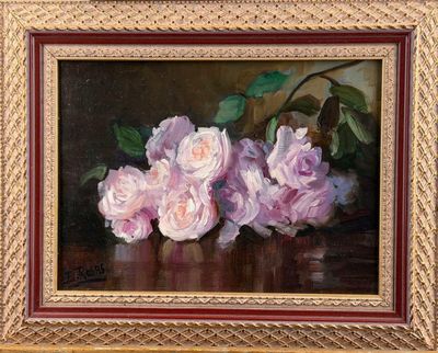 painting of three pink roses in a gold frame on a table