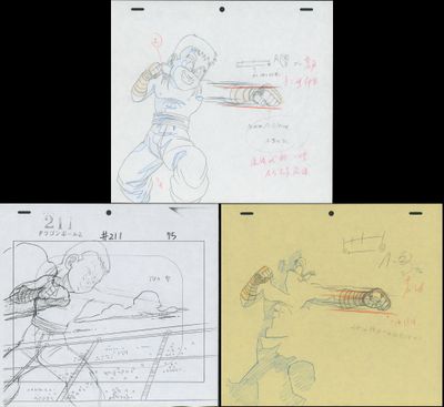 trois dessins représentant un homme armé et une femme armée