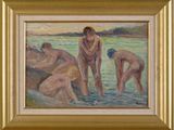 tableau représentant un groupe d'hommes se baignant dans un plan d'eau