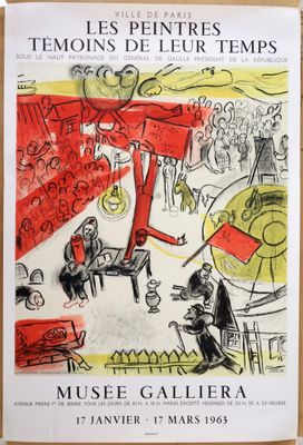 une affiche représentant un homme assis sur une chaise devant une foule