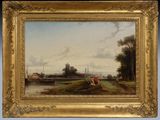 une image représentant un tableau représentant une scène fluviale avec un homme à cheval au bord d'une rivière