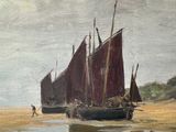 a painting of a couple of boats on the beach