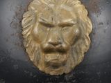 a close up of a helmet with a lion head on it