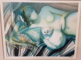 un tableau représentant une femme allongée sur un lit avec un chat