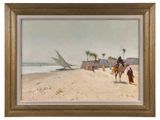an image of a painting of a man riding a horse on the beach