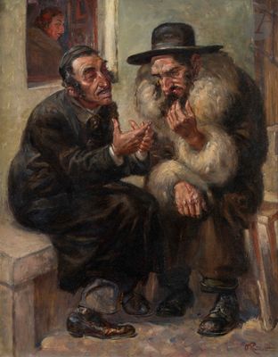 an image of a painting of two men sitting on a ledge