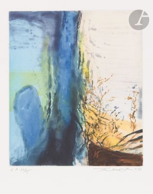 painting of a blue and yellow abstract painting on a white background