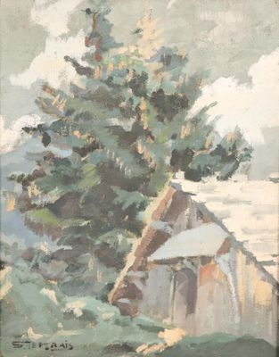 une image représentant une peinture d'une maison et d'un arbre
