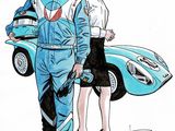 drawing of a man and a woman standing next to a car
