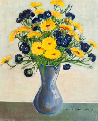 a painting of a blue vase with yellow and blue flowers in it