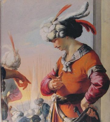 un tableau représentant une femme debout devant une foule