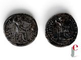 two ancient roman coins with a man on one side and a woman on the other