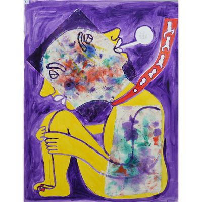 tableau violet et jaune représentant un homme avec une cuillère dans la bouche