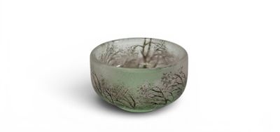 a small glass bowl with trees in the background