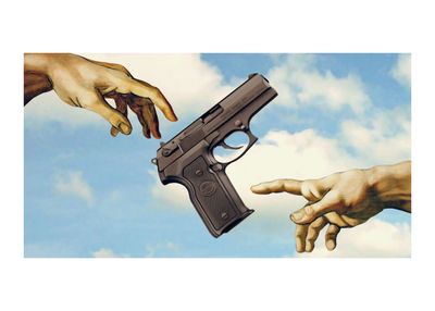 un tableau représentant deux mains tendues vers un pistolet