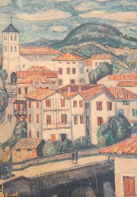 un tableau représentant une ville située sur une colline, avec un pont