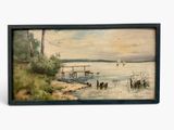 painting of a boat on a body of water near a dock