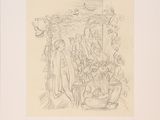 drawing of a group of people sitting around a table in a room