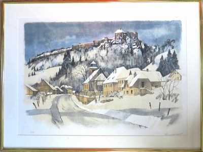une photo d'un tableau représentant un village de montagne