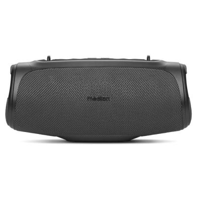 a close up of a black speaker on a white background