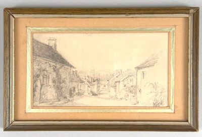an image of a drawing of a street scene with buildings in the background