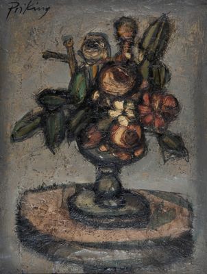 reproduction d'un tableau représentant un vase contenant des fruits et des fleurs posé sur une table