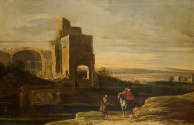 tableau représentant deux hommes à cheval devant un château