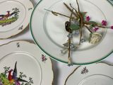 several plates with birds and flowers on them are arranged on a table