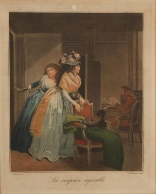 tableau représentant deux femmes dans une pièce avec un chien et un chat