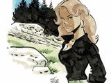 dessin représentant une femme vêtue d'un haut noir et d'un pantalon vert, tenant un chien noir dans ses bras