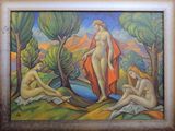 a painting of a woman and two men sitting on the ground
