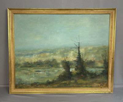 an oil painting of a landscape with trees in the foreground