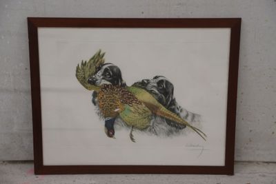 peinture représentant un faisan et un oiseau noir et blanc sur fond blanc