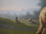 a painting of a sheep and a man in a field