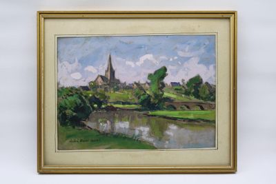 une peinture à l'huile représentant un paysage avec une rivière et une église au loin