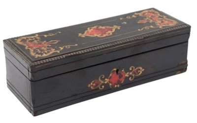 an image of a black wooden box with red flowers on it