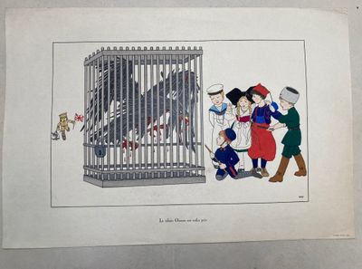 illustration représentant un oiseau en cage observé par un groupe de personnes