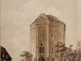 un vieux dessin représentant un château surmonté d'une tour horloge
